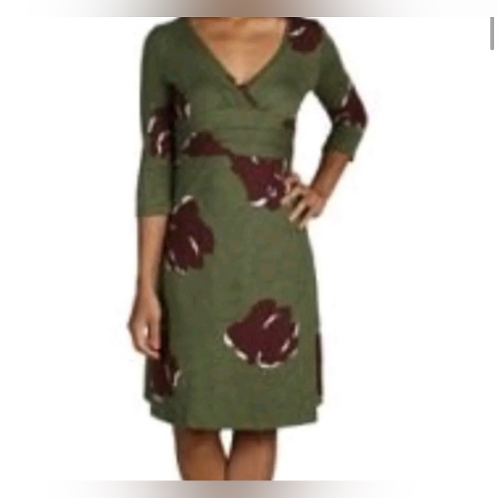 Patagonia Margot 3/4 Sleeve Dress Olive Green Maroon Flower Size medium